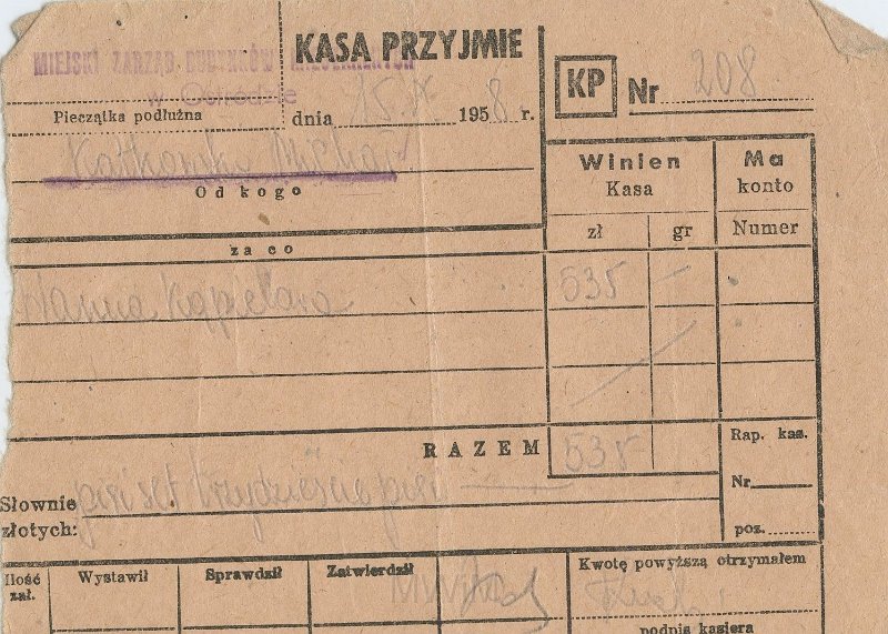 KKE 5449.jpg - Dok. Wpłata od Michała Katkowskiego, Ostróda, 15 X 1958 r.